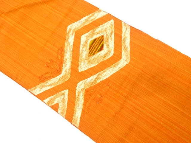 菱に幾何学模様織り出し　紬　名古屋帯